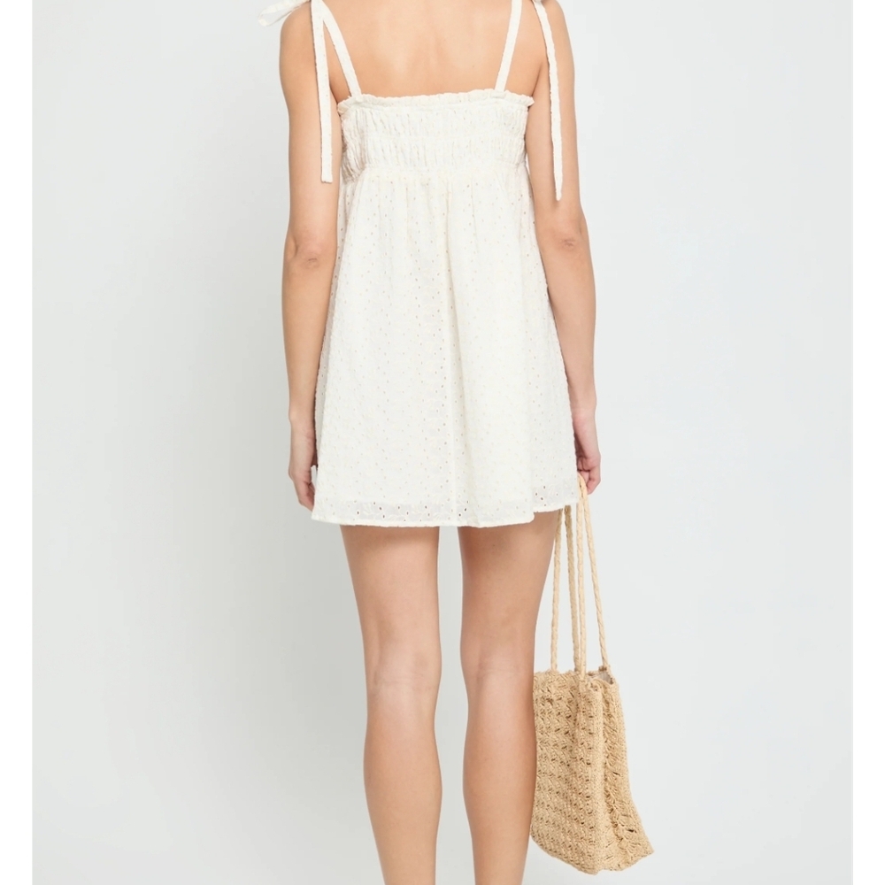 o.p.t Nanette Eyelet Smocked RuffleCotton Mini Dress in Cream, Size XS, Romantic - Picture 3 of 11